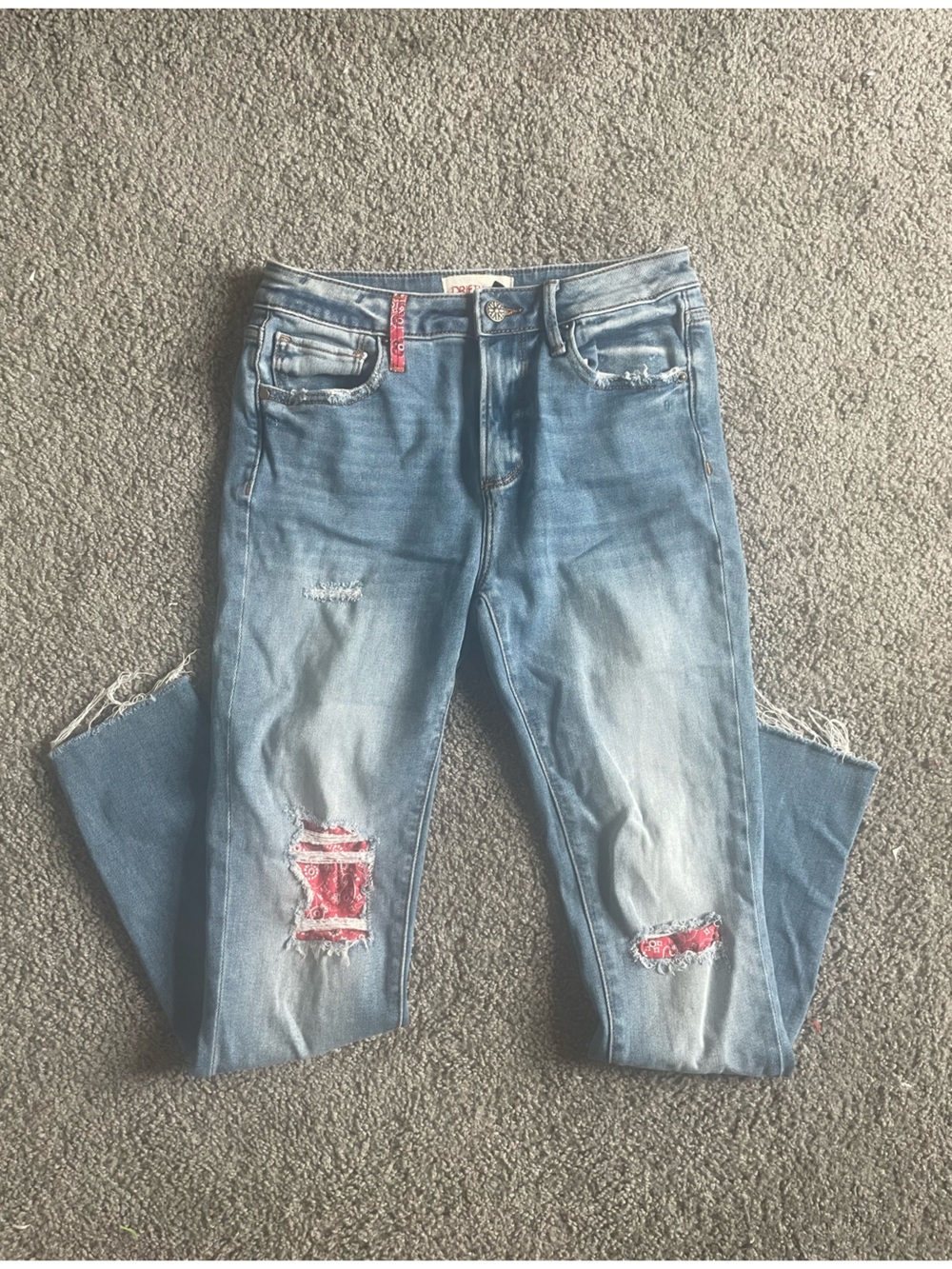 DRIFTWOOD Light Blue Distressed Boyfriend Jeans with Red Patch Detail